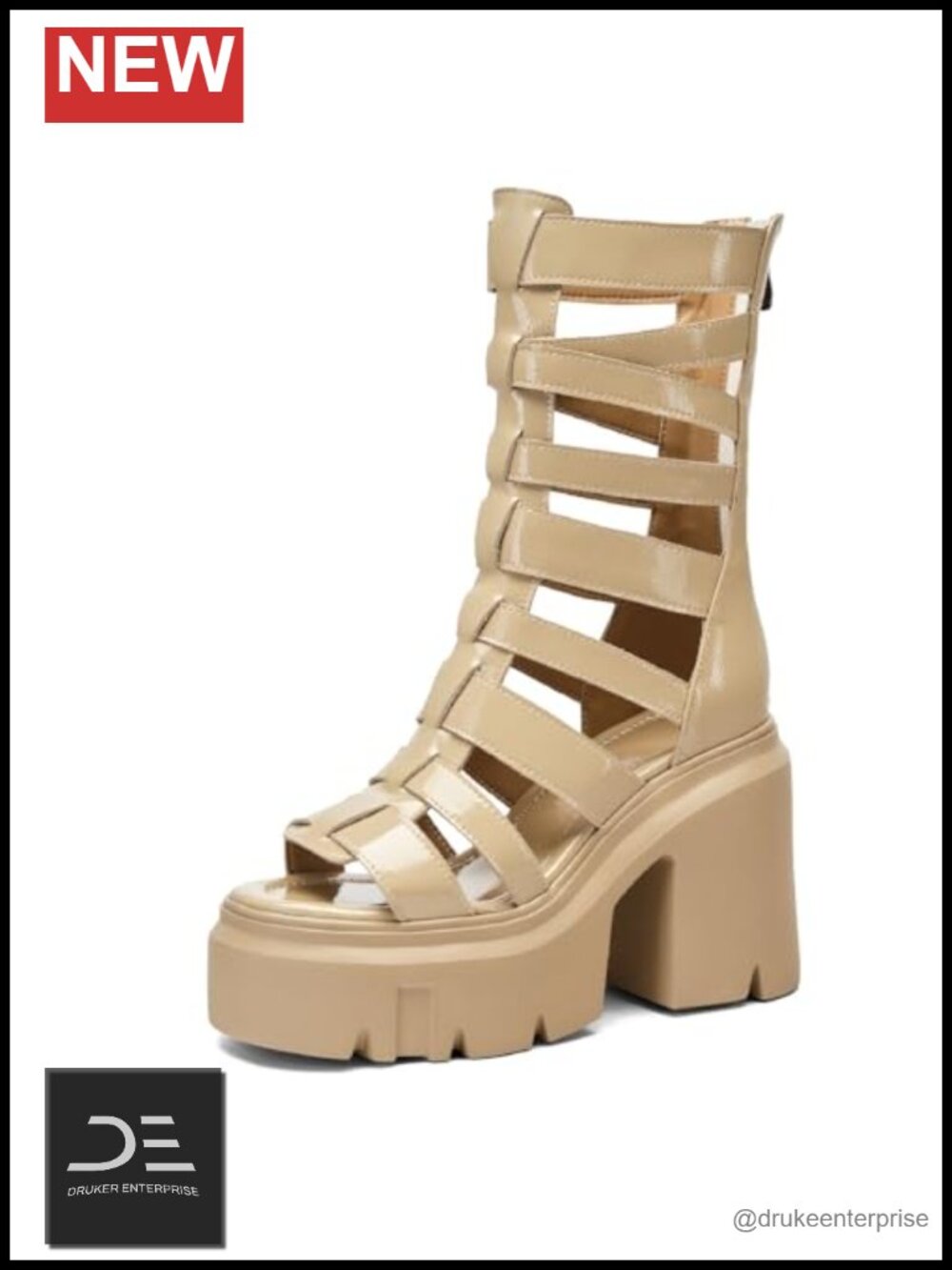 Genuine Leather Platform Peep Toe High Heel Gladiator Sandals Zipper Block Heel